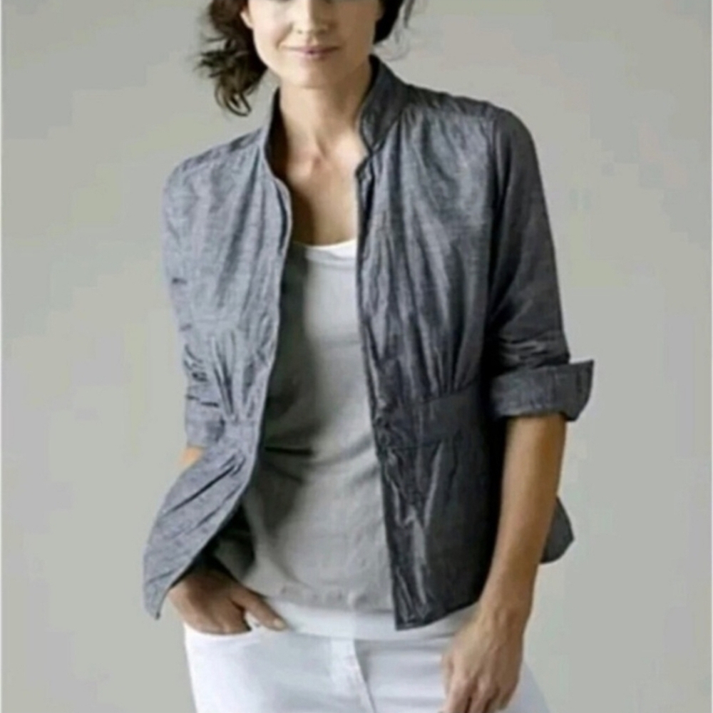 Eileen Fisher Blazer Navy Blue  Cotton Chambray Pockets Womens Size Large